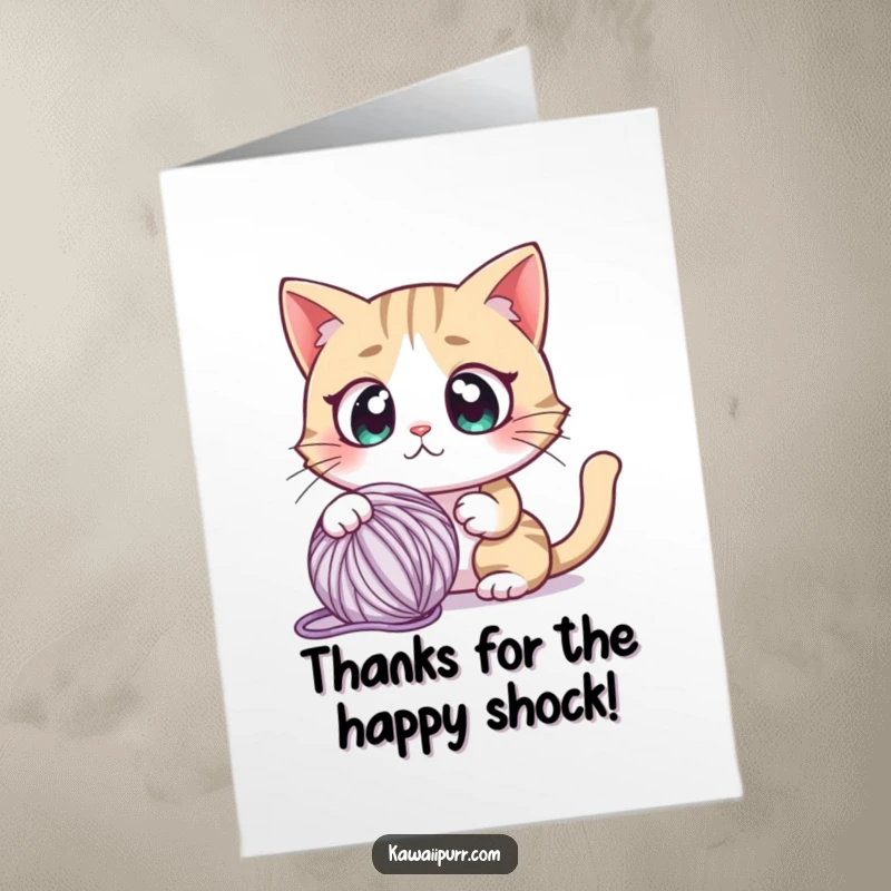 Funny Free Printable Thank You Card: A cartoon cat looking shocked, with a yarn ball rolling nearby.