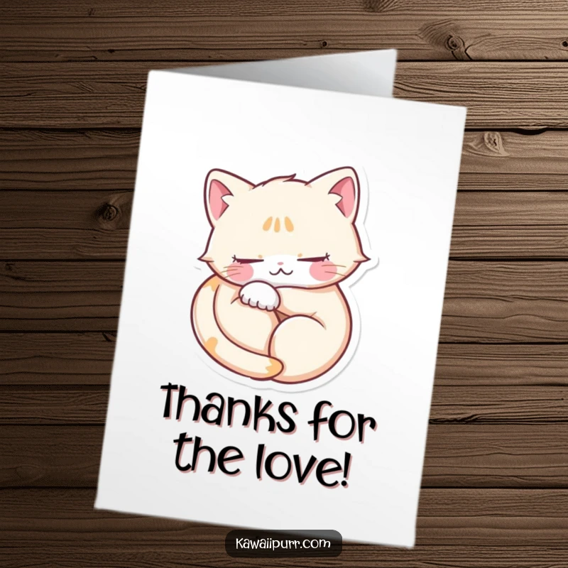 Funny Free Printable Thank You Card: Cat character sleeps peacefully in a heart shape, eyes closed, radiating calm appreciation.