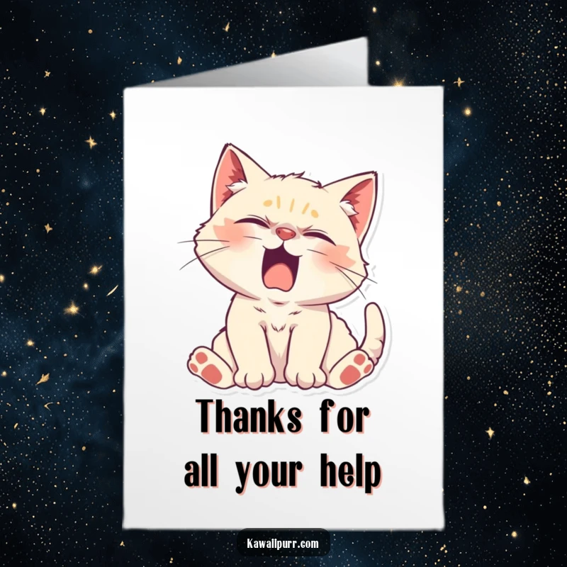Funny Free Printable Thank You Card of a kitten stretching with a yawn, expressing relaxed and cozy gratitude.
