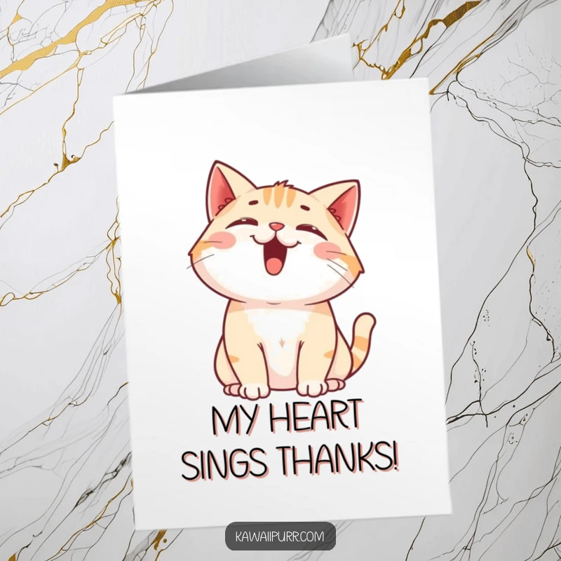 Funny Free Printable Thank You Card: A cat happily meowing upwards, with mouth open, expressing sincere thanks.