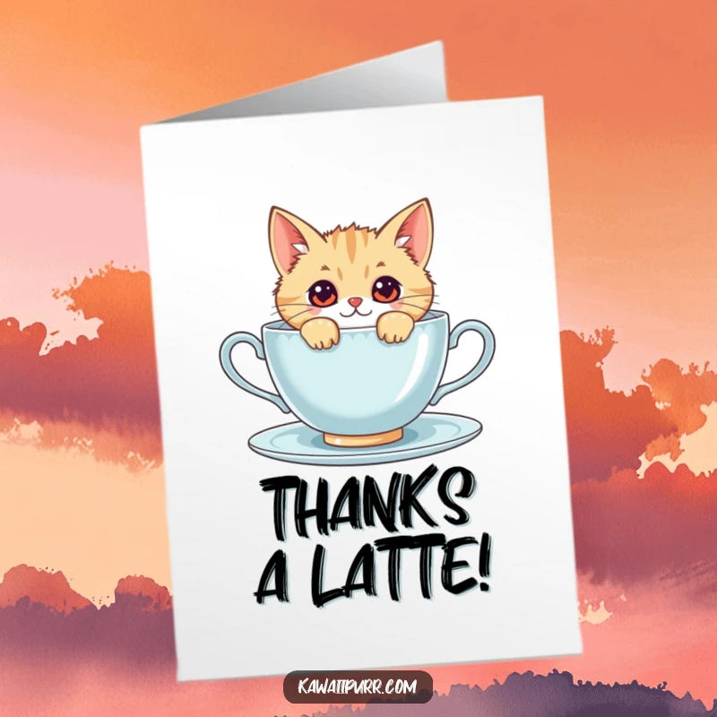Funny Free Printable Kawaii Cat Thank You Card, showing a curious cat peeking from behind an oversized teacup.