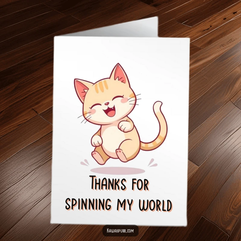 Funny Free Printable Thank You Card: Cat joyfully chasing its tail, creating a fun blur effect.