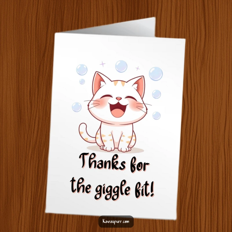 Funny Free Printable Thank You Card: A cartoon cat in a fit of laughter, with colorful bubbles bursting around it.