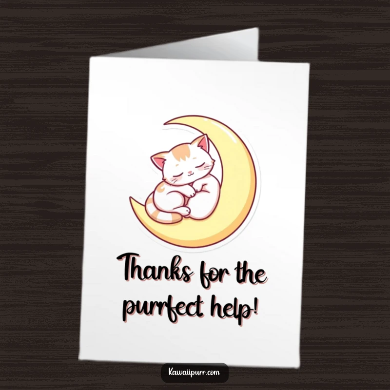 Funny Free Printable Thank You Card featuring a sleepy cat on a moon, symbolizing a calm and peaceful expression of thanks.