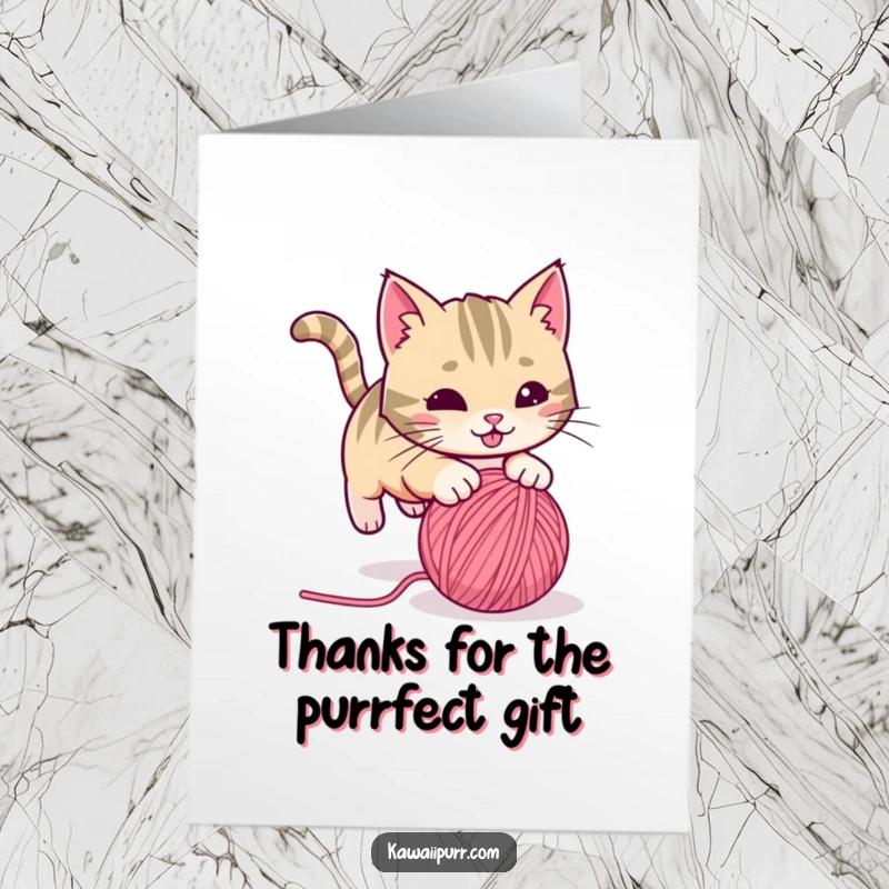 Funny Free Printable Thank You Card: Playful cat chasing a ball of yarn, expressing thanks with energetic feline fun.
