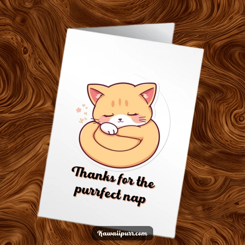 Funny free printable thank you card showcasing a curled, sleepy cat character vibrating with soft purrs, expressing quiet gratitude with charm.