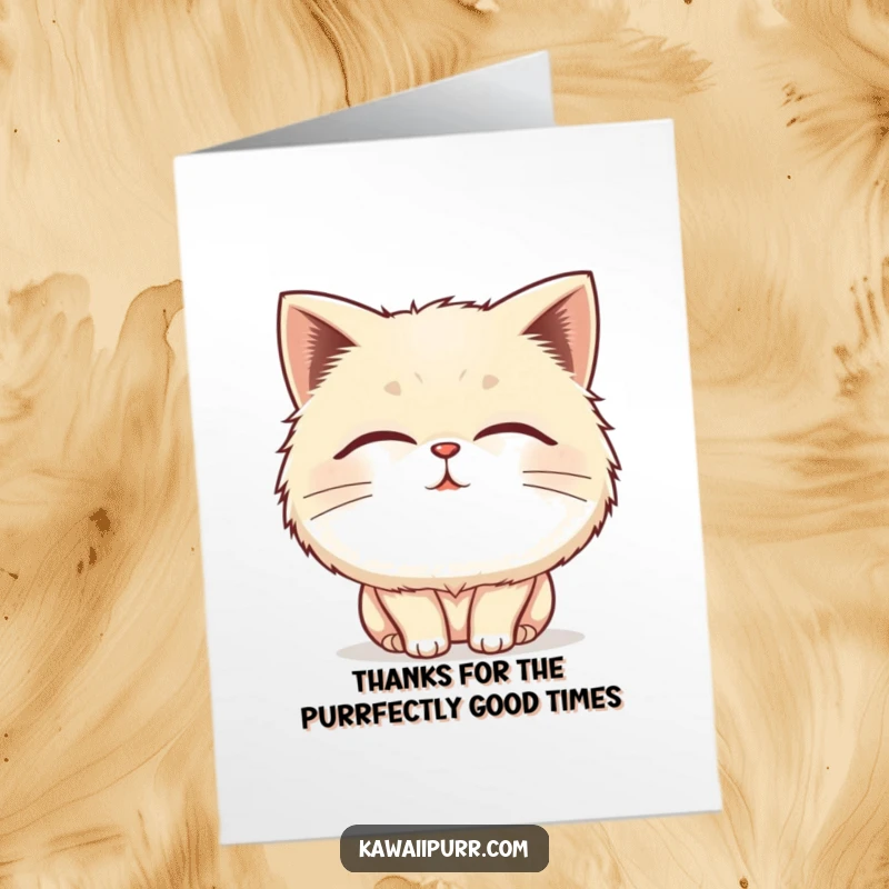 Funny Free Printable Thank You Card: Happy fluffy cat showing gratitude with closed eyes and purr lines.
