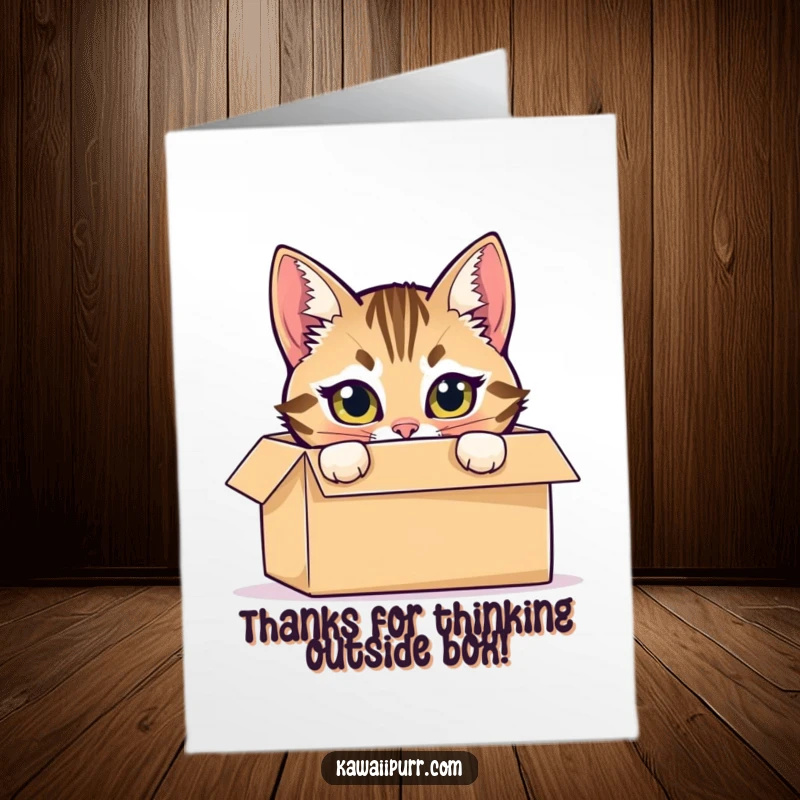 Funny Free Printable Thank You Card: Mischievous tabby cat peeking from a cardboard box with bright, thankful eyes.