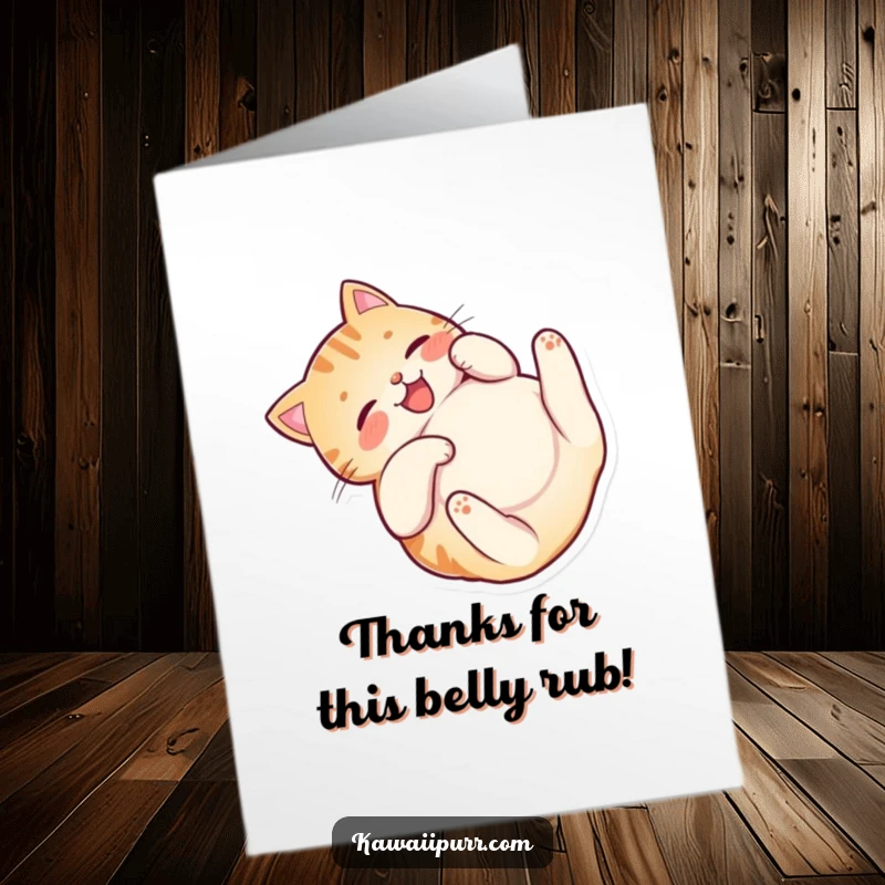 Funny Free Printable Thank You Card: Cat rolling happily on its back, showing its belly, an adorable way to express thanks.