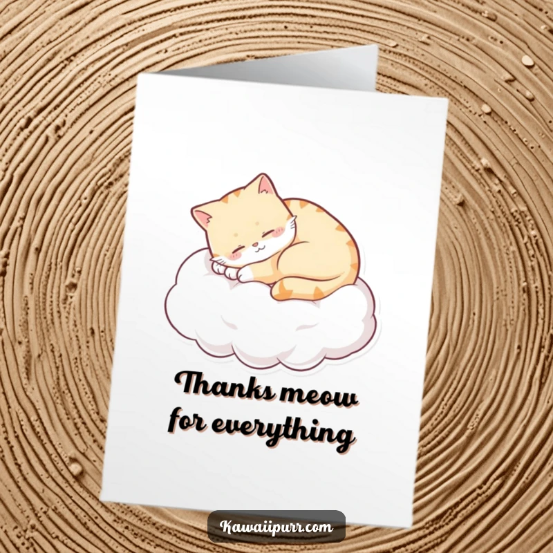 Funny Free Printable Thank You Card: Sleepy cat napping on a cloud, offering thanks with a contented smile and cozy vibes.
