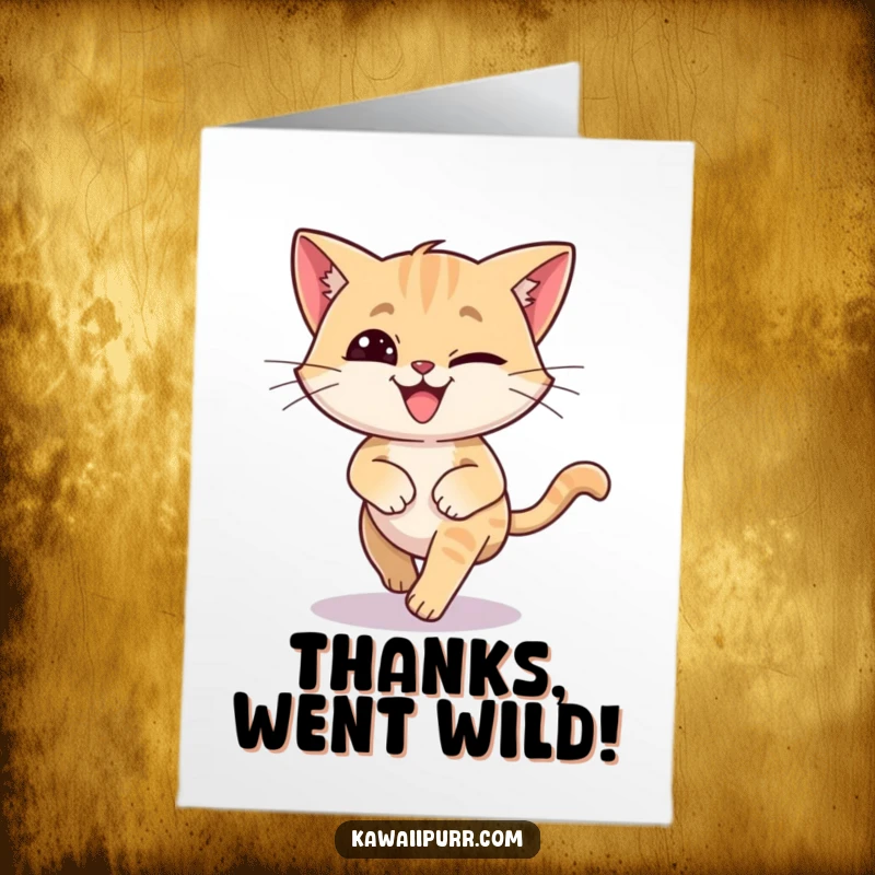Funny Free Printable Thank You Card: Cat character spins with a silly grin, chasing its tail, offering thanks in a dizzying way.