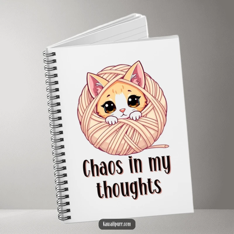 Funny notebook with a curious cat peeking from behind a ball of yarn, perfect for writing and drawing.