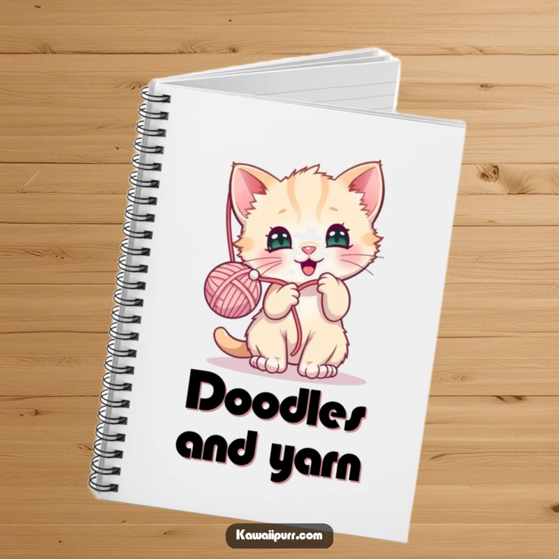 Funny notebook cover with a kawaii kitten joyfully batting at a yarn ball, ideal for jotting down creative and cute ideas.