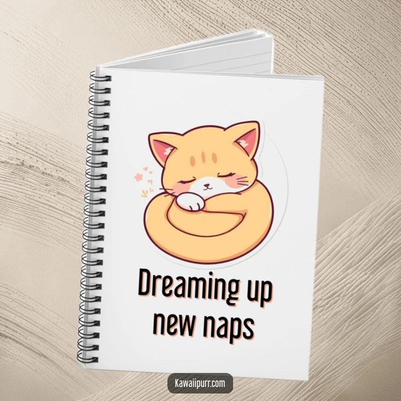 Funny sleepy cat curled in a circle with soft purr vibrations on a notebook cover. A cute, funny gift.