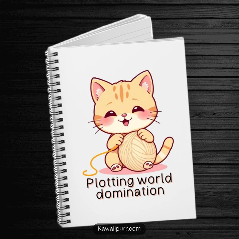 Funny Cat Notebook, a joyful cat playing with a large ball of yarn, perfect for note-taking.