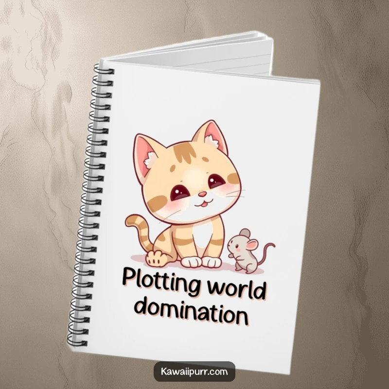 Funny curious cat notebook cover showing a character tilting its head, ears perked, focused on a tiny mouse toy.