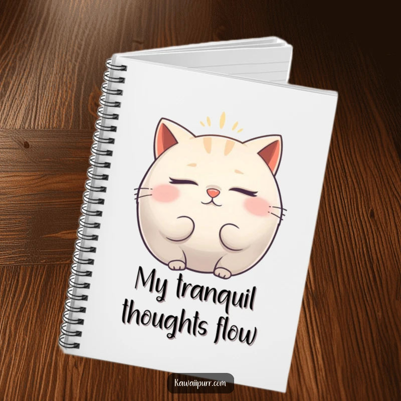 Funny Notebook: Journal with a plump cat character emitting a peaceful vibrating aura, ideal for mindful note-taking.