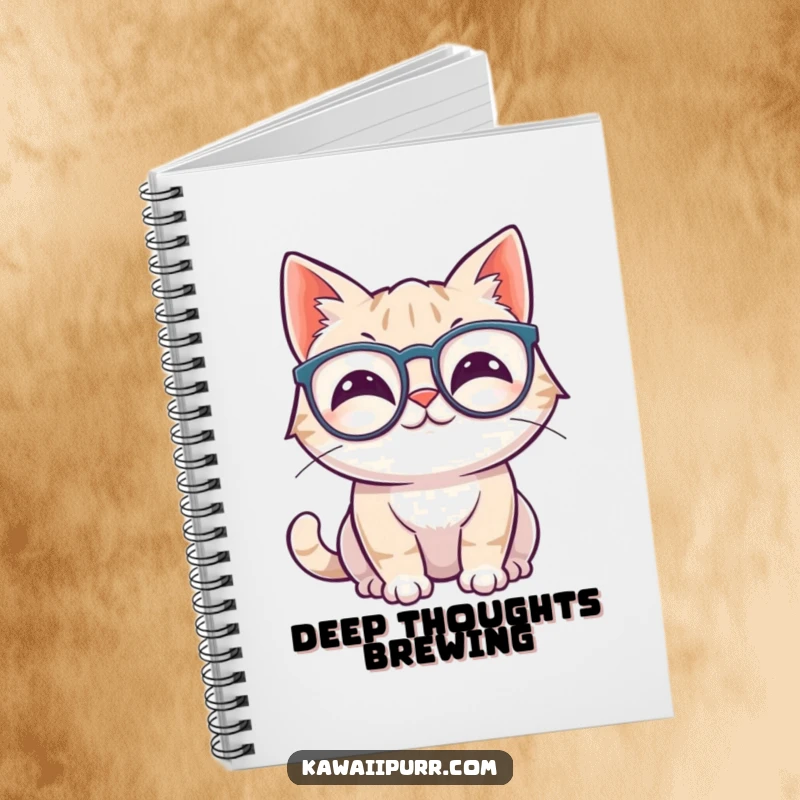 Funny kawaii cat wiggling ears, wearing oversized spectacles, writing in a notebook.