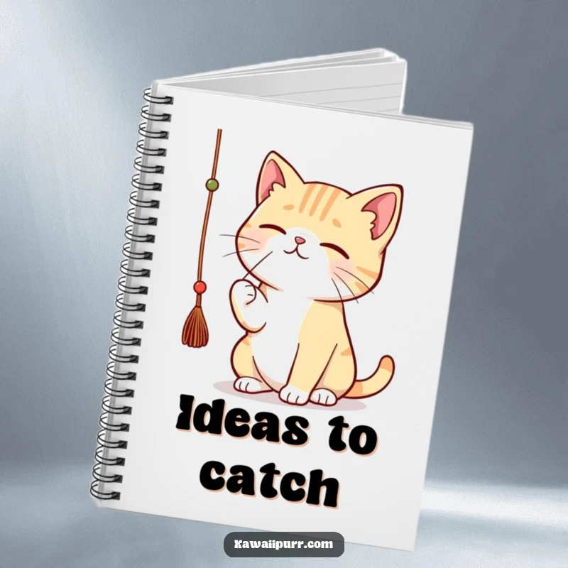 Funny kawaii cat batting a dangling string with great concentration, writing in a notebook.