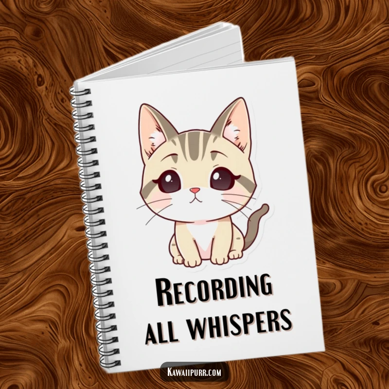 Funny notebook cover with a cartoon cat character with ears sharply perked, listening intently with great focus.