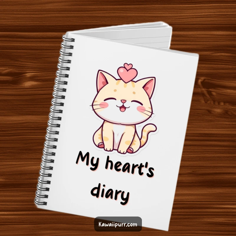 Funny cat notebook with a purring cat and a heart symbol, perfect for writing, drawing, or journaling ideas.