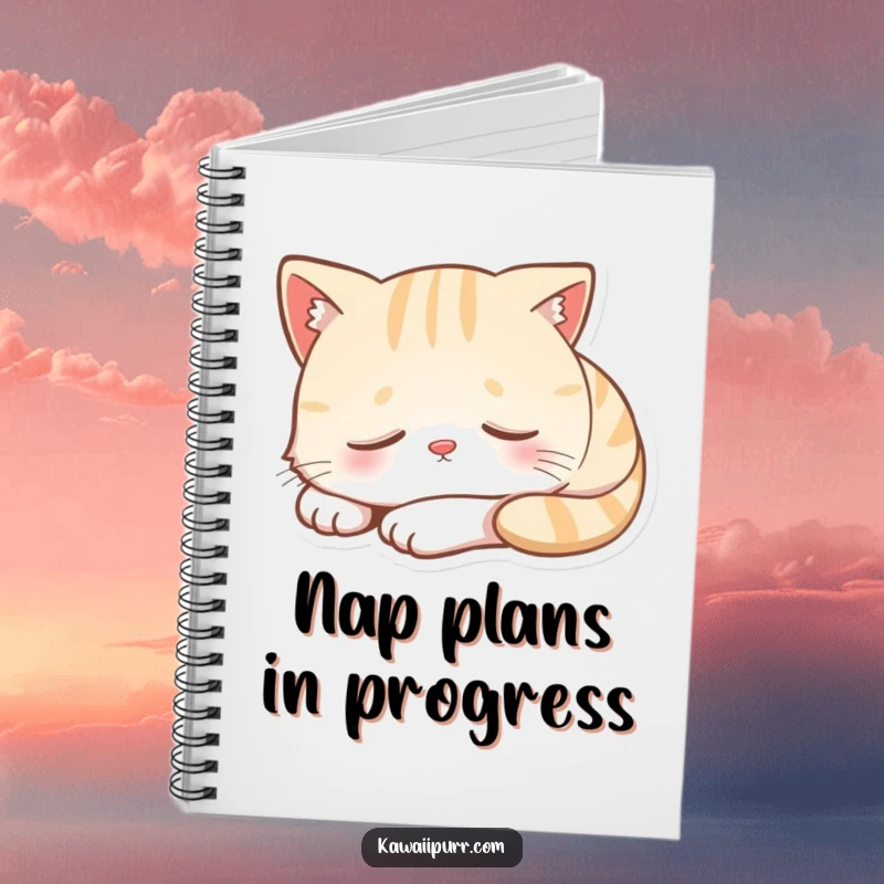 Funny notebook cover with a cartoon cat character deeply asleep, displaying a sweet, serene smile.