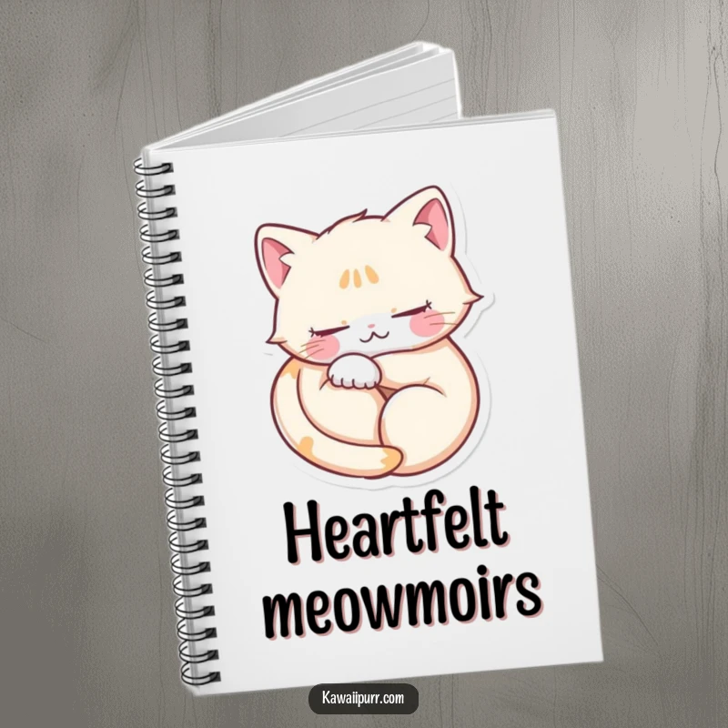 Funny notebook with a content purring cat in a heart shape, eyes closed, perfect for jotting down sweet thoughts.