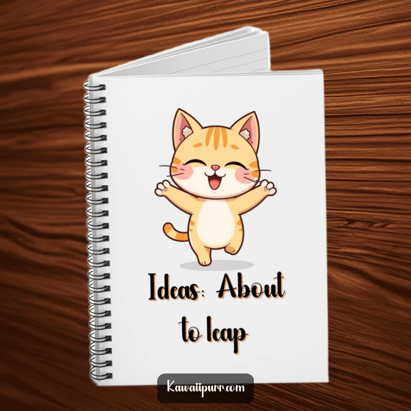 Funny cat character in a mid-hop pose, full of excitement on the cover of a lined notebook.