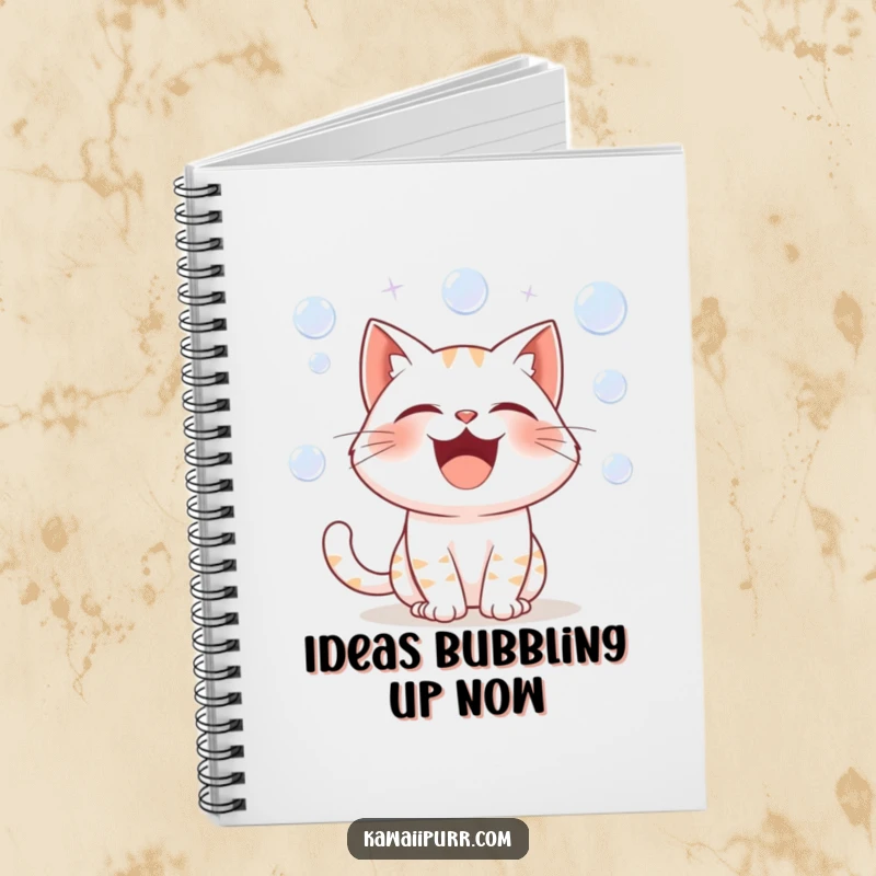 Funny notebook cover with a cartoon cat character bursting with laughter, surrounded by tiny, whimsical bubbles floating playfully.