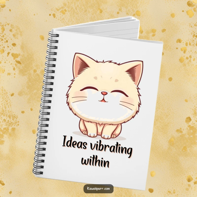 Funny fluffy cat notebook cover with a character blissfully purring, eyes closed, radiating peaceful vibes for inspiration.