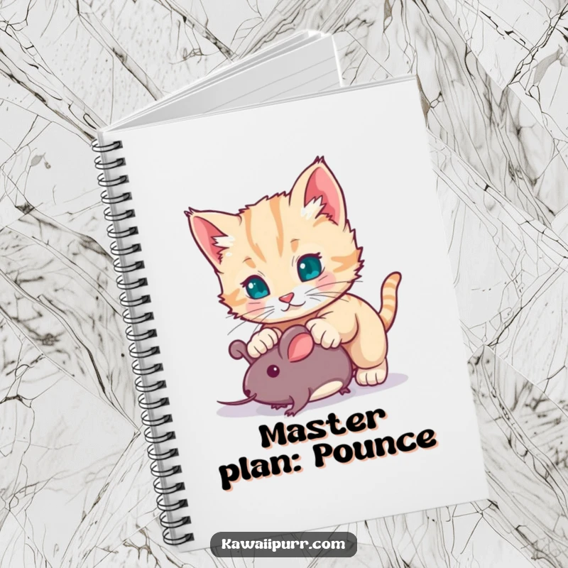 Funny kitten character mid-pounce on a toy mouse, inspiring creativity and humor in a stylish notebook, ideal for note-taking.