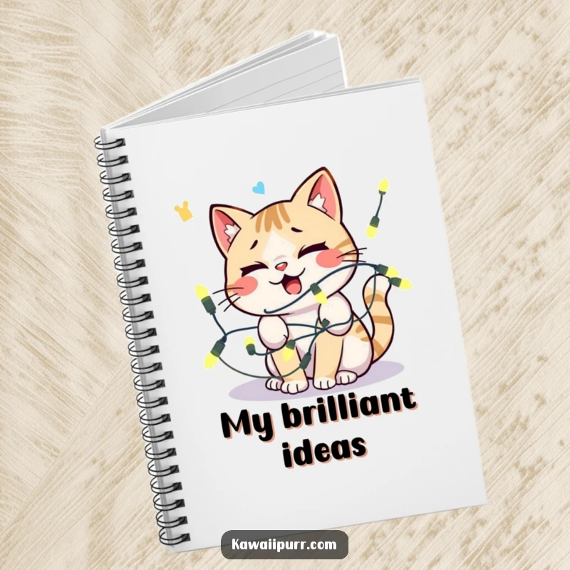 Funny kawaii cat looks comically distressed, tangled in lights, writing in a notebook.