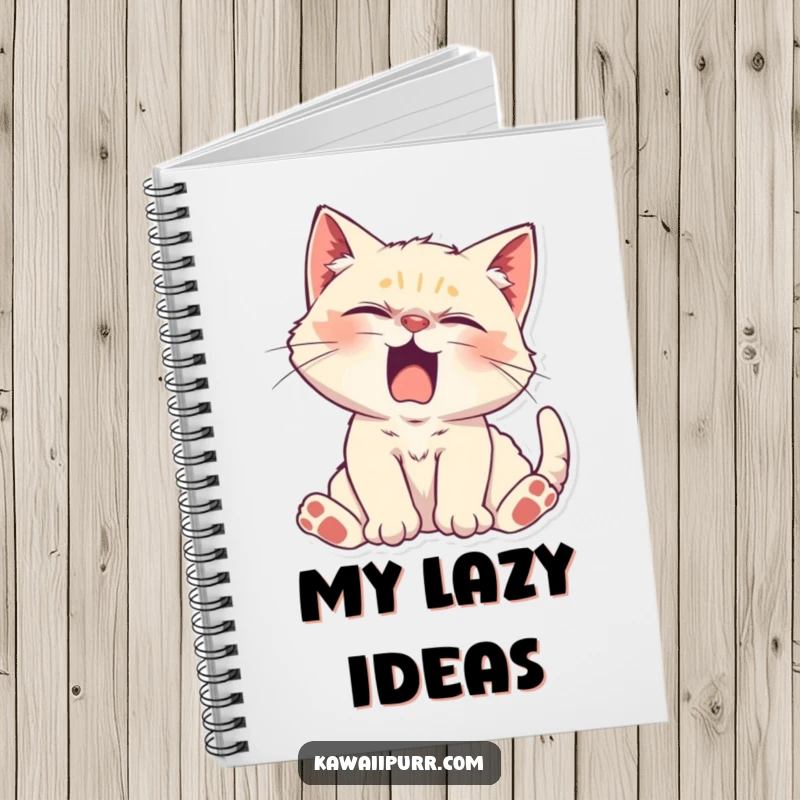Funny Kitten Character stretching lazily with a yawn on a notebook cover, inspiring sleepy thoughts and relaxed creativity.
