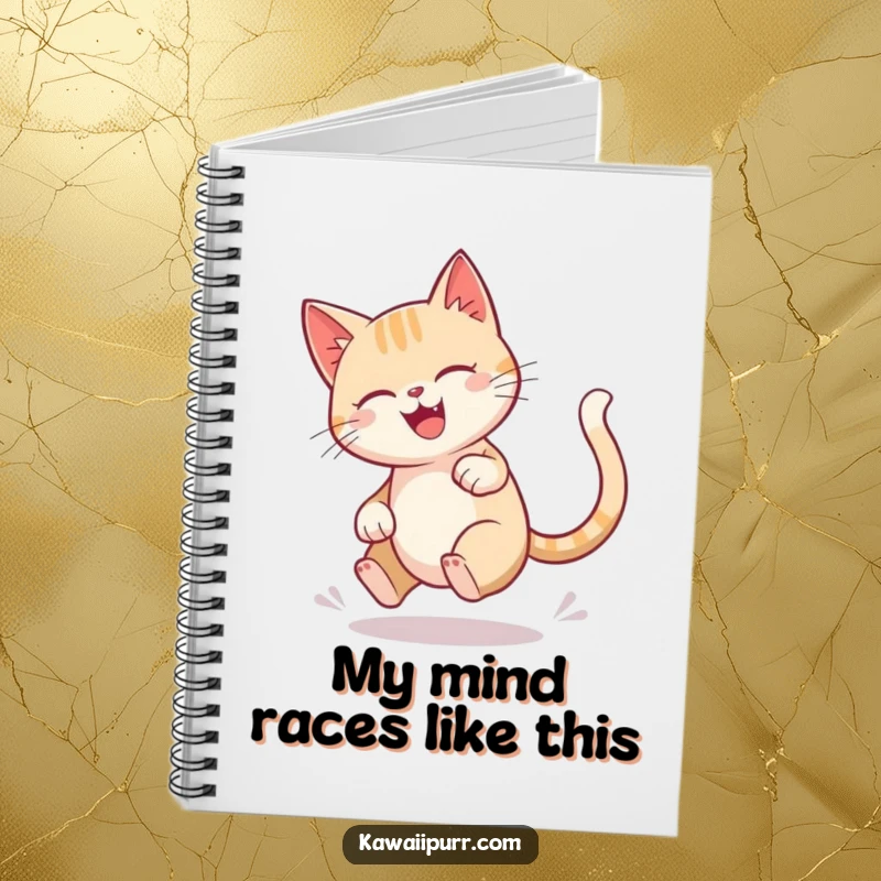 Funny cat notebook cover showing a character joyfully chasing its tail in a dizzying, blurred circle.