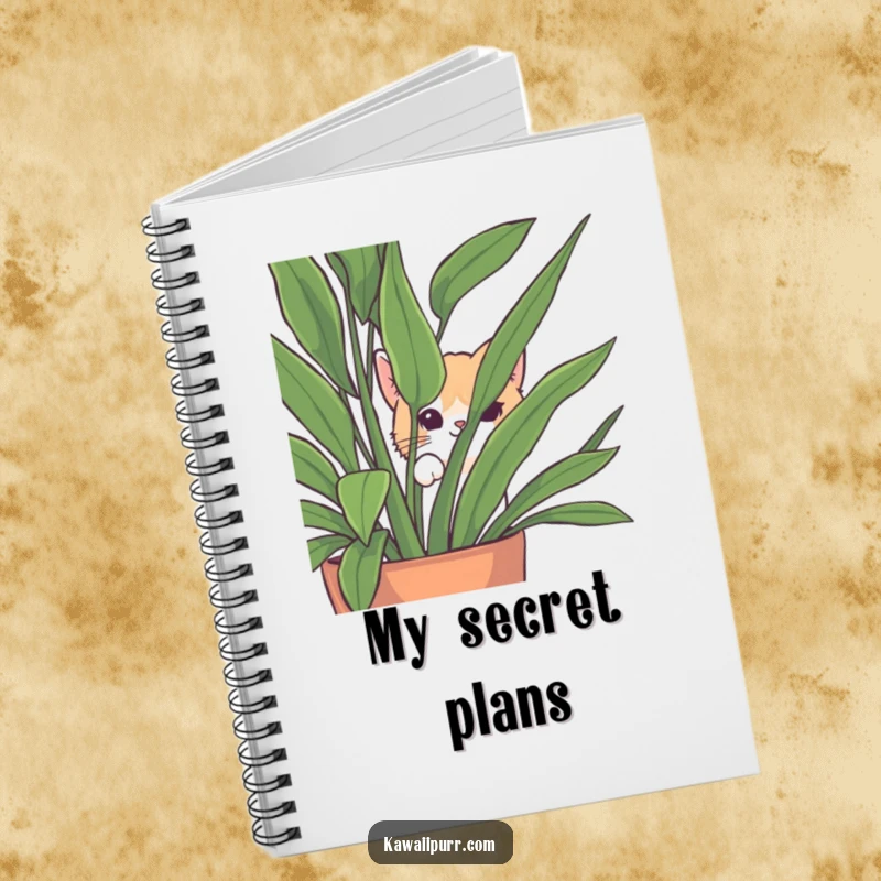 Funny Peek-a-Boo Cat Notebook featuring a cat peeking playfully from behind a lush houseplant, inspiring creative writing.
