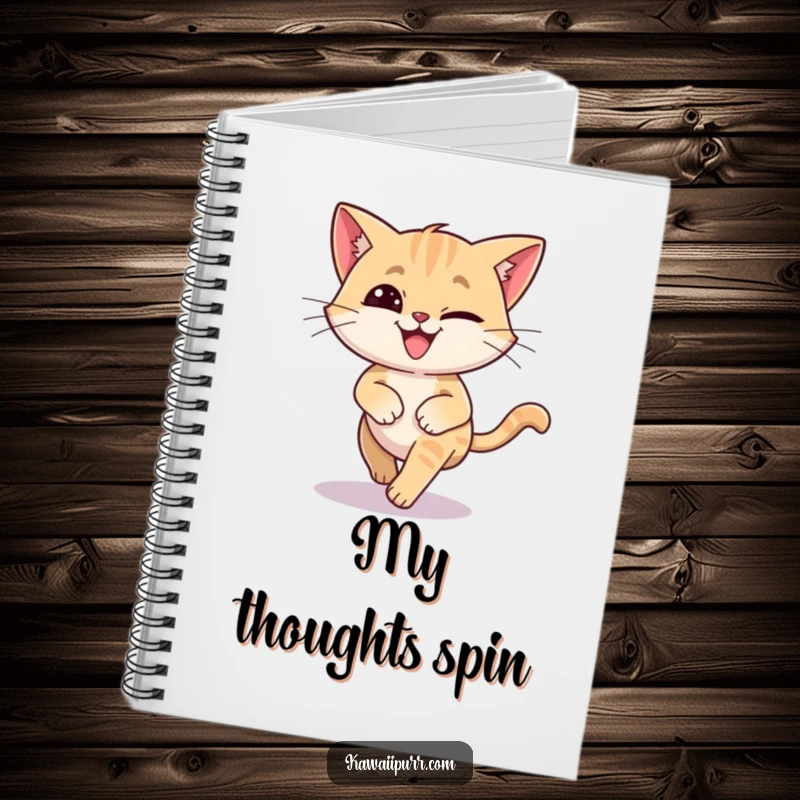 Funny notebook with a silly cat, grinning dizzily, chasing its tail. Ideal for jotting down playful ideas.