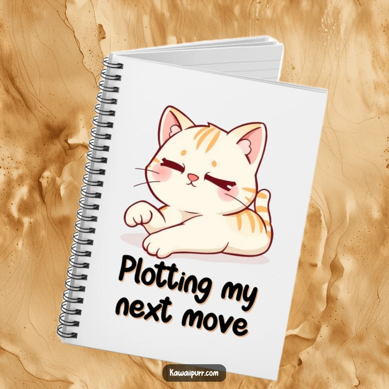 Funny notebook cover featuring a kawaii cat stretching lazily with a mischievous wink, inspiring playful and humorous thoughts.