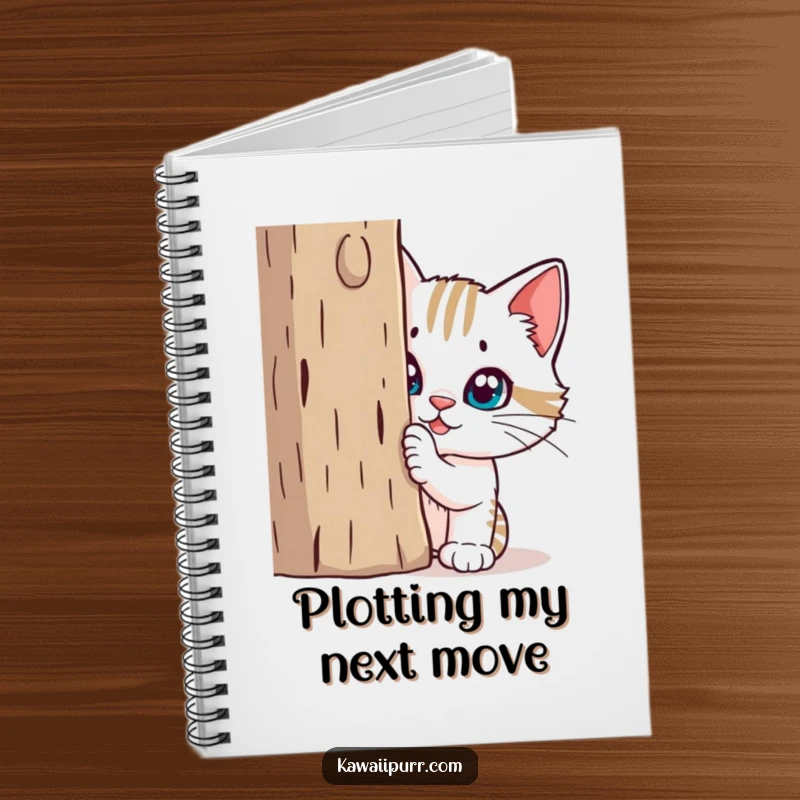 Funny Notebook: A mischievous cat hides behind a scratching post, encouraging witty notes and creative ideas.