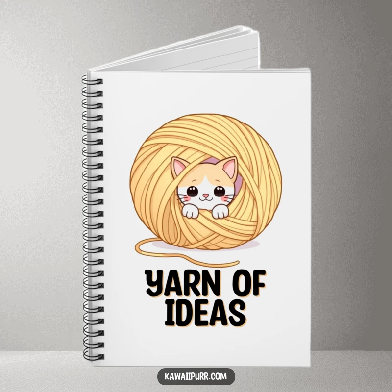 Funny notebook with a playful cat peeking out from behind a giant ball of yarn. Perfect for jotting down playful ideas.