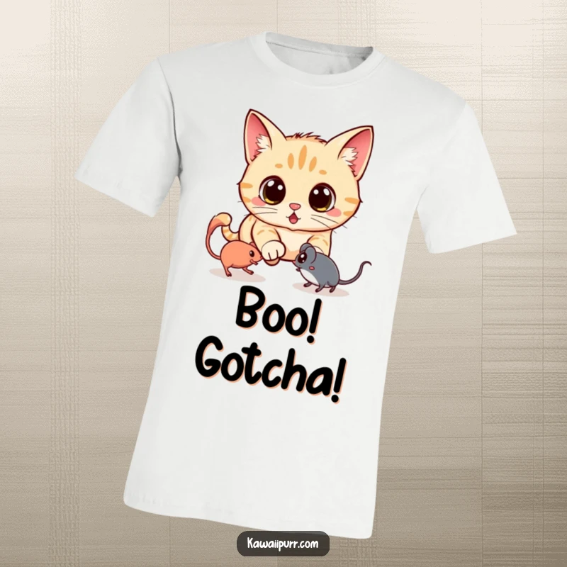 Funny t-shirt depicting a kawaii cat with comically surprised eyes, earnestly chasing a faint, spectral mouse, capturing a moment of playful panic.