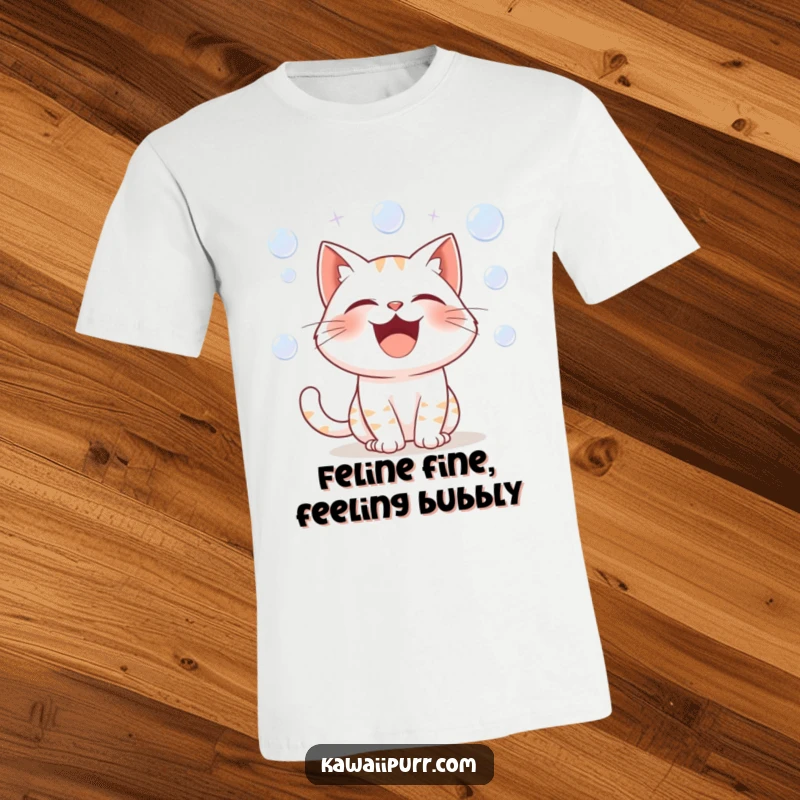 Funny t-shirt showcasing a cartoon cat character overcome with laughter, with tiny bubbles floating around its joyful, contorted face.