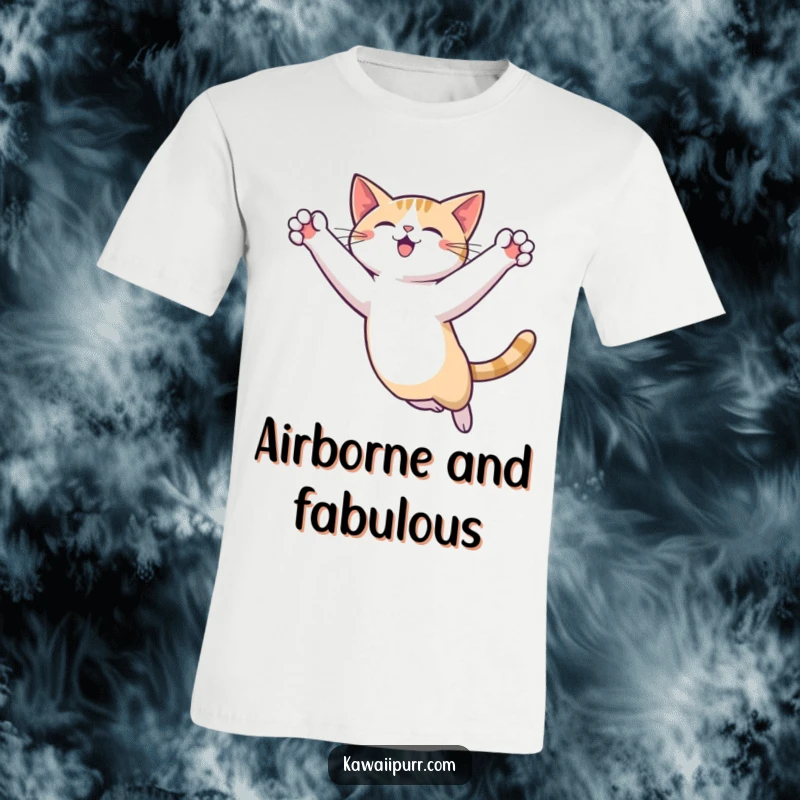 Funny Cat Leap T-Shirt showcasing a skilled cat character in a dynamic, leaping pose, mid-air with outstretched paws, radiating joy and agility.