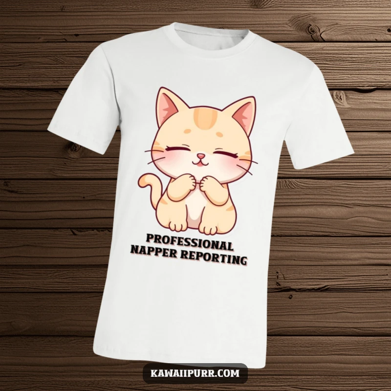 Funny cat character purring with closed eyes, embodying peaceful relaxation on a comfortable t-shirt.