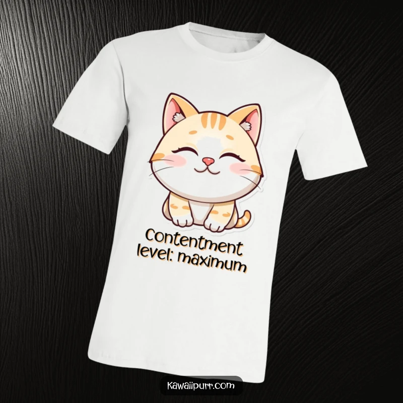 Funny T-shirt with a smiling cat character, eyes closed, purring contentedly, symbolizing peace and happiness.