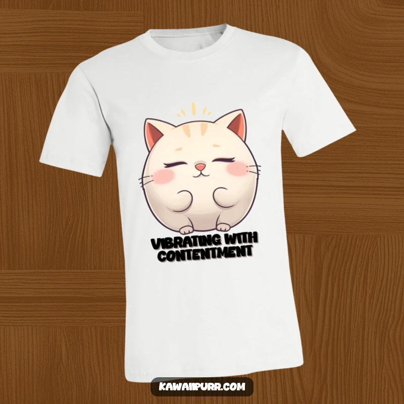 Funny T-Shirt: Plump cat character with eyes closed, emitting a soft vibrating aura, symbolizing peaceful humor.