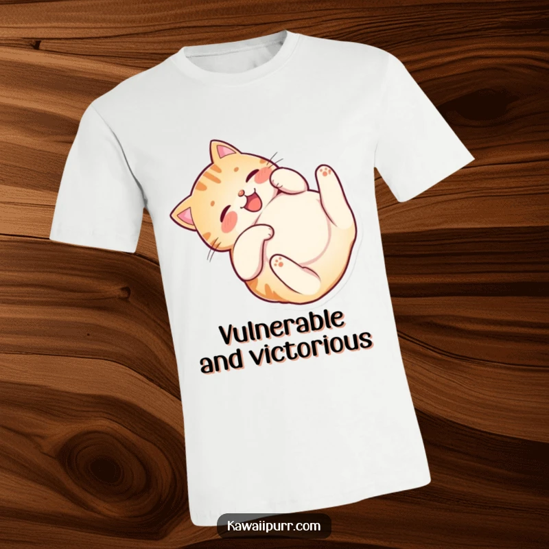 Funny Happy Cat Belly T-Shirt featuring a delightful cat character rolling on its back, happily showing its tummy.