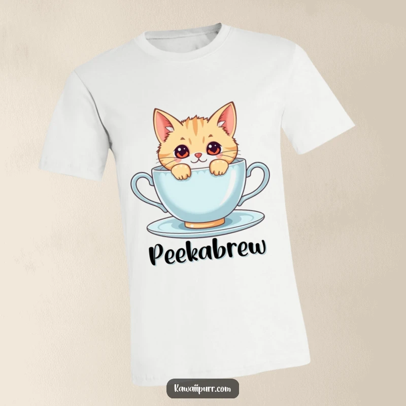 Funny kawaii cat with curious eyes peeking over a massive teacup, showcasing a playful and endearing feline character.