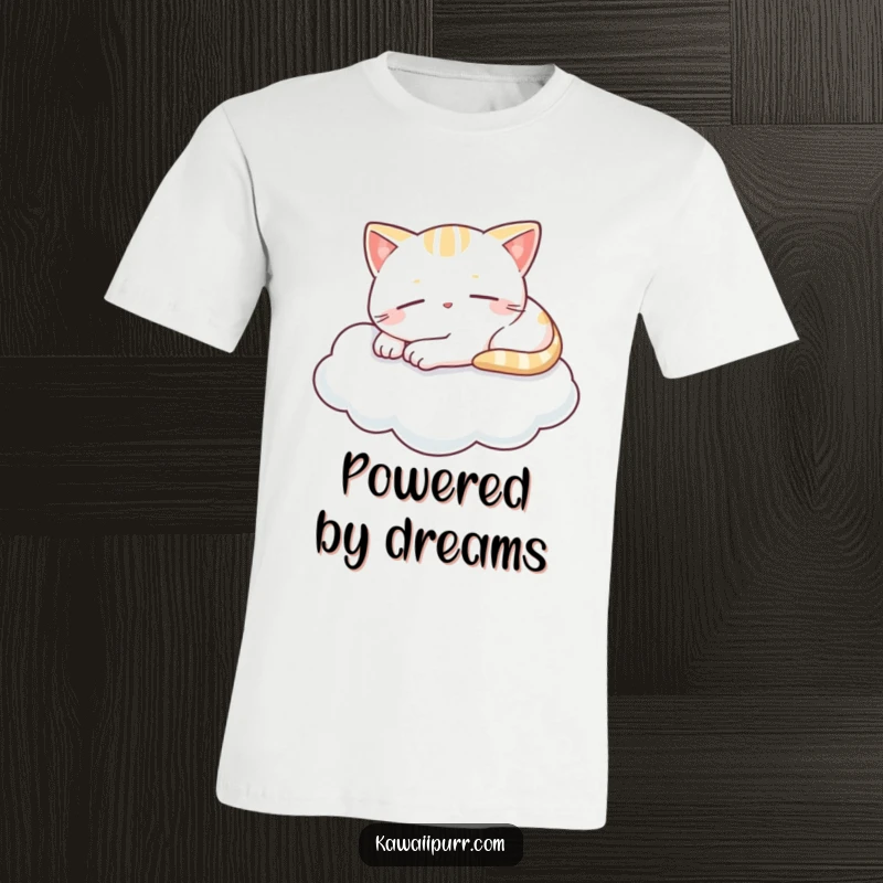 Funny t-shirt featuring a blissfully napping kawaii cat with a tiny smile, resting on a soft cloud, embodying peaceful slumber and gentle humor.