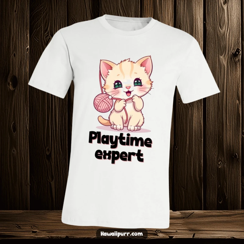 Funny t-shirt featuring a kawaii kitten gleefully playing with a dangling yarn ball, embodying cuteness and mischief.
