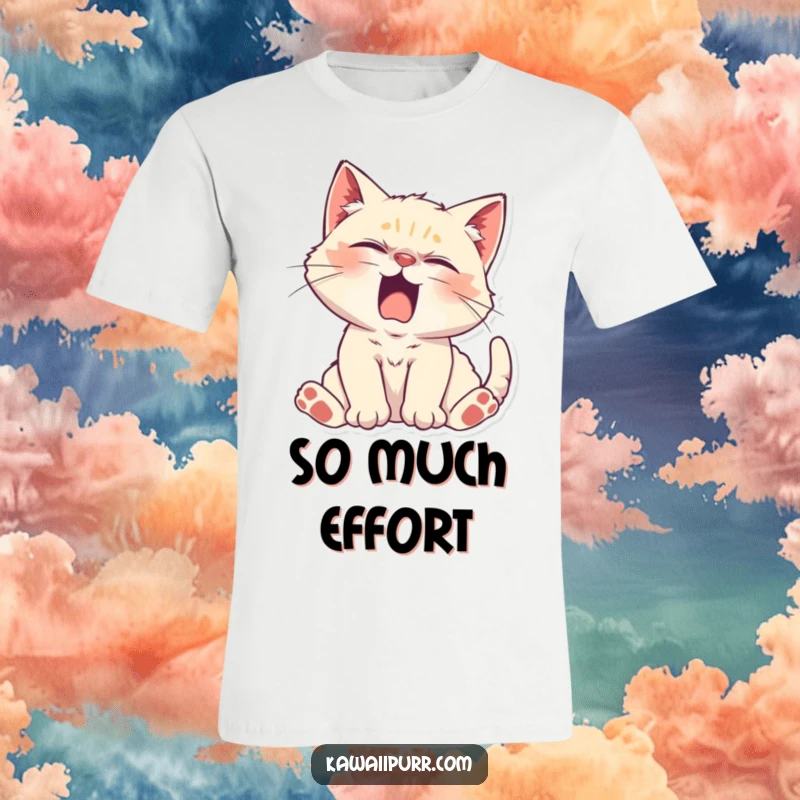 Funny Kitten Character stretching lazily with a yawn on a t-shirt, embodying ultimate relaxation and sleepiness.